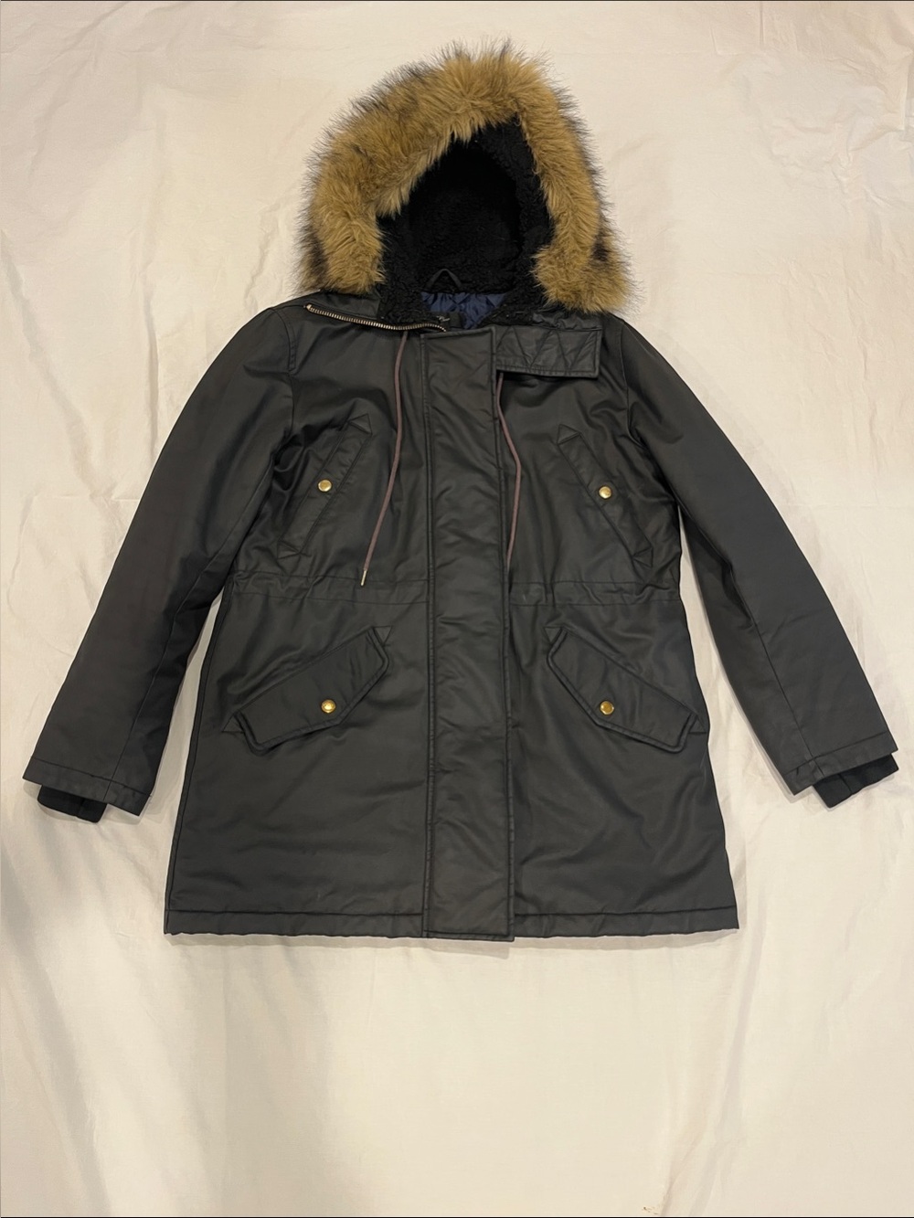 J. Crew Black Parka Jacket with Faux Fur Hood Medium